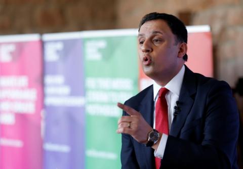 Anas Sarwar, Scottish labour leader, points finger while giving manifesto launch speech