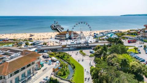 A wide aerial shot of Bournemouth beach
