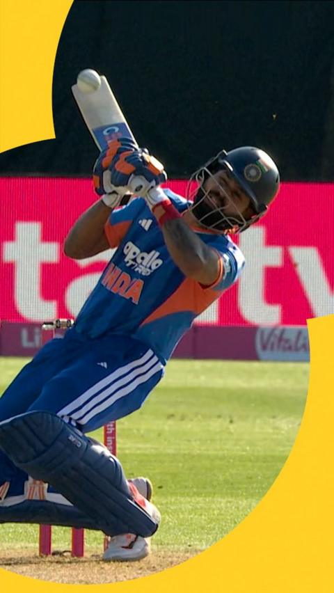 Shreyas Iyer with his bat i a slanted posion while batting against England in the men's international T20.