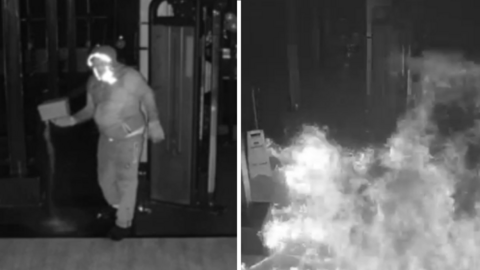 A man holding an item caught on CCTY and a composite image of fire in the same location.