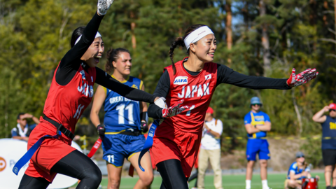 Japan players celebrate as they play Great Britain at the 2024 Flag Football World Championships