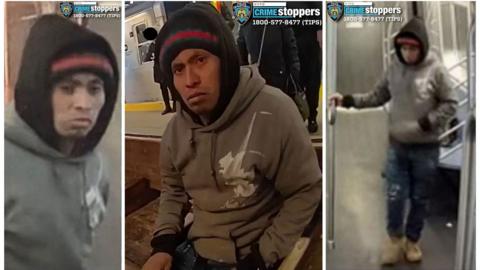 A New York police composite image showing three views of a person of interest arrested in connection with the death of a woman who was set on fire on a subway train in Brooklyn