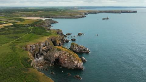 Rugged Pembrokeshire coastline pictured from the sky