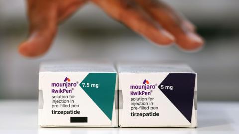 Photo of two boxes. They are labelled 'Mounjaro KwikPen'. The box on the left is 7.5mg and the one on the right is 5mg'.