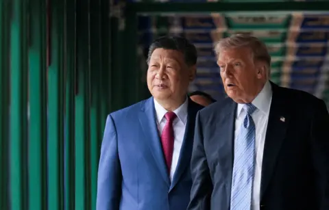 U.S. President Donald Trump looks on as he participates in a friendship walk through Zhongnanhai Garden with Chinese President Xi Jinping in Beijing, China