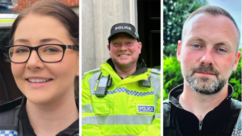 Composite image of Sgt Shannon Murphy, Sgt Lee Baker and PC Thomas Simmonds smiling