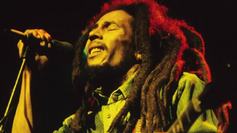 The reggae star Bob Marley. He is performing on stage and his eyes are closed as he grasps a microphone stand. 