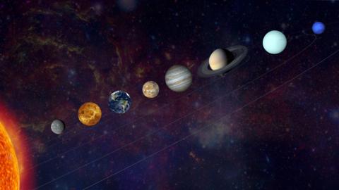 A digital artistic representation of the solar system, depicting the Sun and the eight planets arranged in order of their distance from the Sun. 

The planets appear to be aligned in a straight line against a backdrop of outer space filled with stars and nebulae.