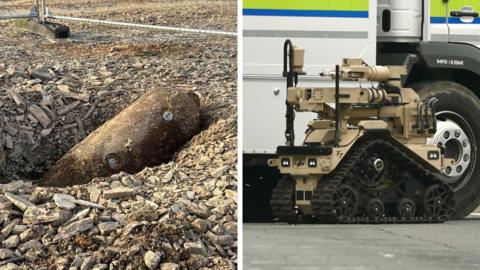 A composite image of the bomb among rubble, and a bomb disposal robot