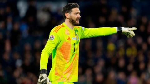 Craig Gordon in action for Scotland against Greece in March