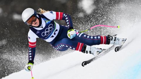 Lindsey Vonn skiing in downhill training run at Winter Olympics in Cortina