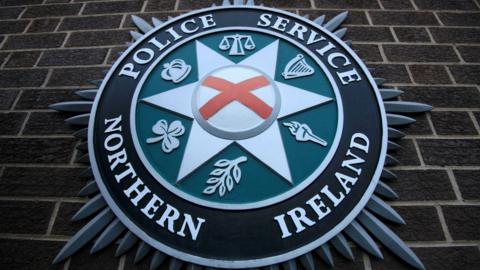 The PSNI emblem on a brick wall. It consists of a torch, a leaf, a shamrock, a crown, and scales.