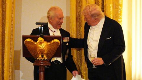 King Charles III and President Donald Trump at the State Dinner for the King and Queen Camilla, at the White House in Washington DC