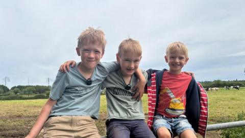Three children sit on top of a gate in a field with cows in. They are smiling at the camera. On the left is a blond haired boy wearing a blue t-shirt and beige shorts. In the middle another blond boy wears a green t-shirt and navy shorts and on his right is another blond haired younger boy wearing a red t-shirt, denim shorts and a red stripey jacket.