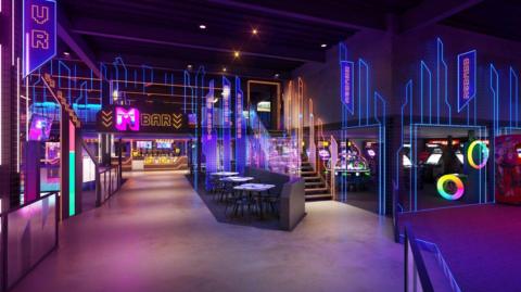 An artist's impression of the inside of Mega City entertainment venue. There are lots of lights of various colours and illuminated signs for a bar and arcade.