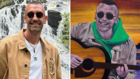 A composite image. On the left is a man in a camel coloured jacket and white t-shirt. He has very short hair and is wearing dark sunglasses. On the right is a mural painting of the man. He is playing the guitar with a sunset behind him. He had a similar jacket and green hoodie underneath.