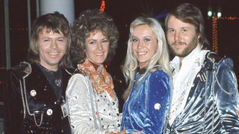 ABBA, seen here when they won the Eurovision Song contest of 1974. Abba group members from left to right are: Bjorn Ulvaeus, Annifrid Frida Lyngstad, Agnetha Faltskog and Benny Andersson.