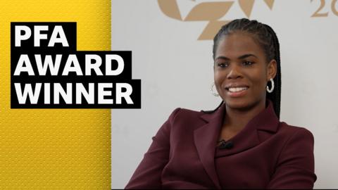 Man City's Khadija Shaw smiles at the PFA Awards