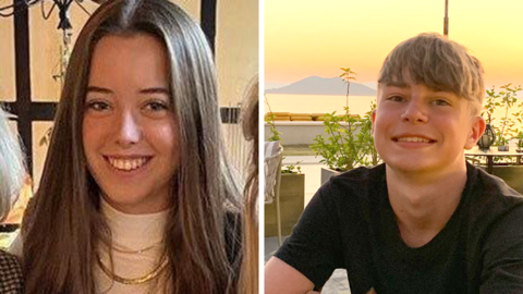 A composite image of Matilda Seccombe and Harry Purcell smiling at the cameras. Matilda has long brown hair and is wearing a white top and gold coloured necklace. Harry seems to be on holiday and is wearing a black t-shirt, with the sea and an island in the background