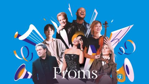 A composite image of musicians and musical instruments on a blue background