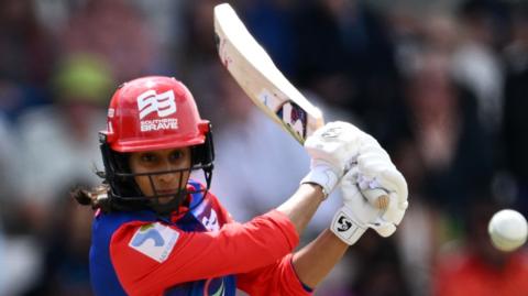 Jemimah Rodrigues of Southern Brave Women bats during The Hundred match between SunRisers Leeds Women and Southern Brave Women at Headingley on July 25, 2026 in Leeds, England.