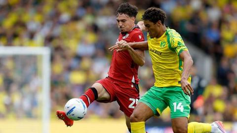 West Brom defender Nolan Galves and Norwich defender Ben Chrisine challenge for the ball