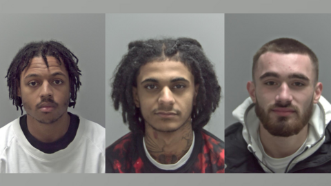 Mugshots of Keon Graham, Nolan Akuoko, and Dylan Craft. They are all looking into the camera and standing in front of a black backdrop.