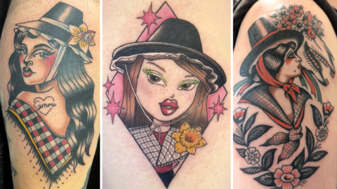 Three tattoos of women in traditional Welsh clothing: on the left, a woman with a checkered shawl, daffodil in her chimney hat, and the word “Cymru” on her chest; in the centre, a freckled woman with green eye makeup in the style of a Bratz doll, a wide-brim hat, pink starbursts behind her, and a daffodil; on the right, a profile of a woman in a red scarf and chimney hat surrounded by flowers and a Mari Lwyd horse skull.