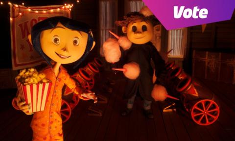 Coraline holding some popcorn next to a creepy toy.