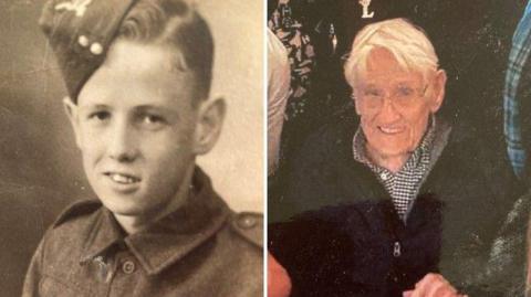 A composite image of two photos. On the left is a black and white photo of a young man wearing an army uniform including a shirt jacket and beret. He is smiling into the camera and has short hair slicked to the side. On the right is a family photo with an elderly man with white hair and glasses sitting down smiling in the middle. 