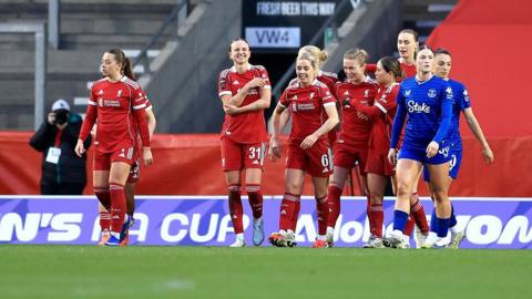 Liverpool's players celebrate Beatta Olsson's goal