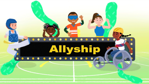 An illustration of children around a banner with allyship on it.