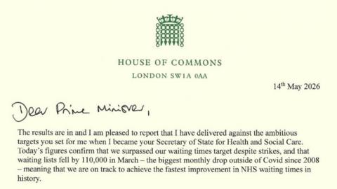 Top of Wes Streeting's resignation letter to Sir Keir Starmer