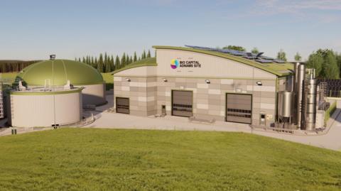 An artist's impression of what the new anaerobic digestion plant could look like once built. It shows a large industrial building with solar panels on its roof.