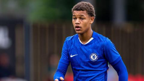 Mahdi Nicoll-Jazuli, wearing Chelsea's blue home kit during a match