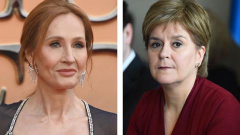 Splitscreen image of JK Rowling and Nicola Sturgeon, close up on their faces