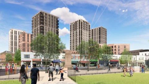 CGI of shows people in a park either side of a gate. Beyond that is a row of shops and a number of large towers under blue, cloudy skies