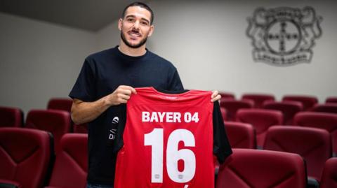 Emi Buendia holds up a Bayer Leverkusen shirt 