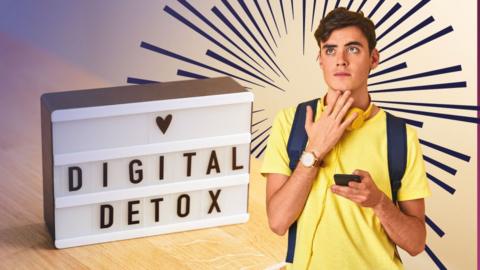 Male student on phone with display next to him saying Digital detox