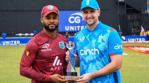 West Indies captain Shai Hope and England skipper Liam Livingstone with the one-day series trophy