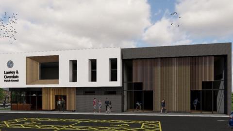 A computer generated image of a community centre. It is two storeys and has a white and wood panel exterior with large glass windows. There is car parking in front of it. There is a sign on it that reads "Lawley & Overdale Parish Council"
