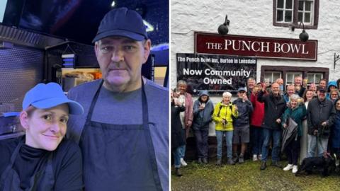 Two images: on the left a woman and a man in aprons, T shirts and caps and on the right a group of people outside a pub called The Punch Bowl 