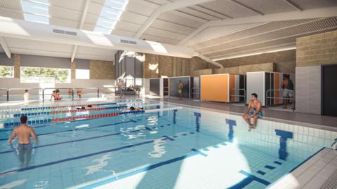 A CGI of a modern interior to a swimming pool.