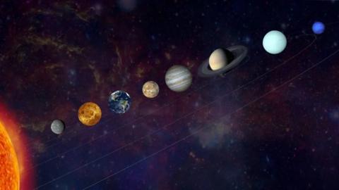 How an artist imagines the planets in our solar system lined up in a row 