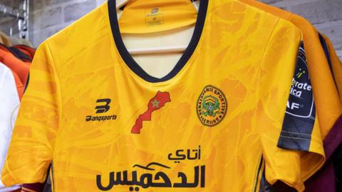 An RS Berkane kit with a map of Morocco which includes the disputed territory of Western Sahara