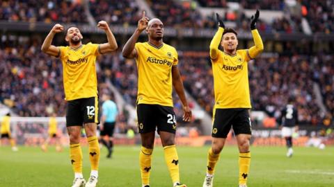 Toti Gomes of Wolverhampton Wanderers celebrates after scoring his team's second goal during the Premier League match between Wolverhampton Wanderers and Luton Town at Molineux