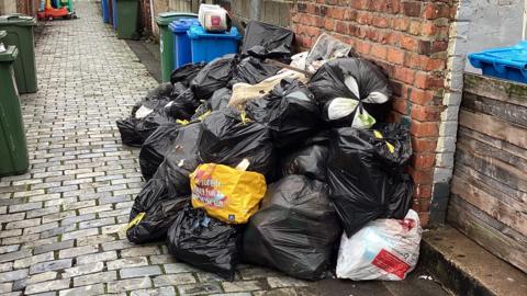 A pile of black waste bags and other plastic bags in an alley. There are blue and green wheelie bins, a brick wall and block paving.