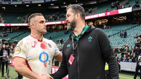 Ben Earl and Andy Farrell shake hands after the game