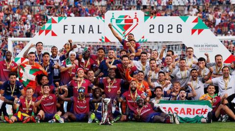 Torreense players celebrate their victory following the Taça De Portugal Final match against Sporting