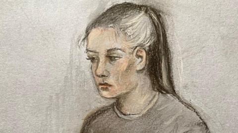 Court sketch of Linda De Sousa Abreu in dock wearing grey jumper